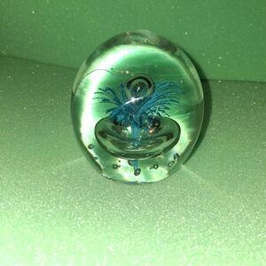 Glass Paperweight with Blue Floral Encased Sculpture